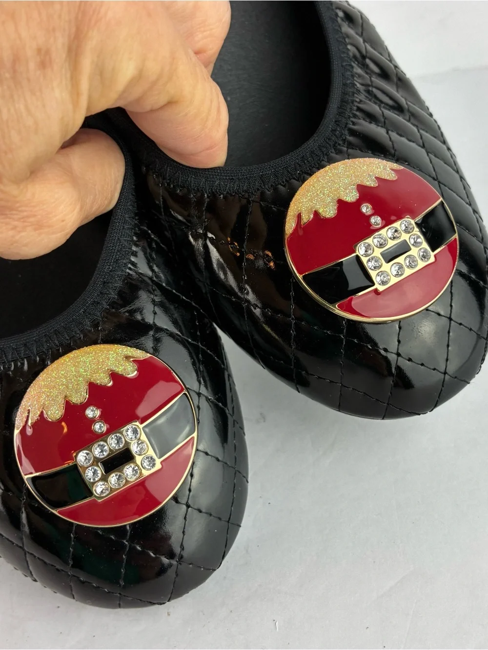 Lindsay Phillips Christmas Black Quilted Patent Leather Flats Santa Tops